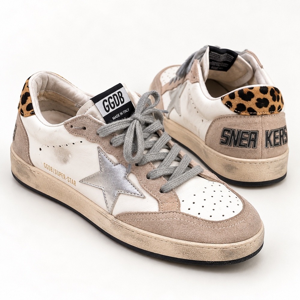 Golden Goose Superstar Sneakers White Tan Suede Leopard Silver Star Shearling